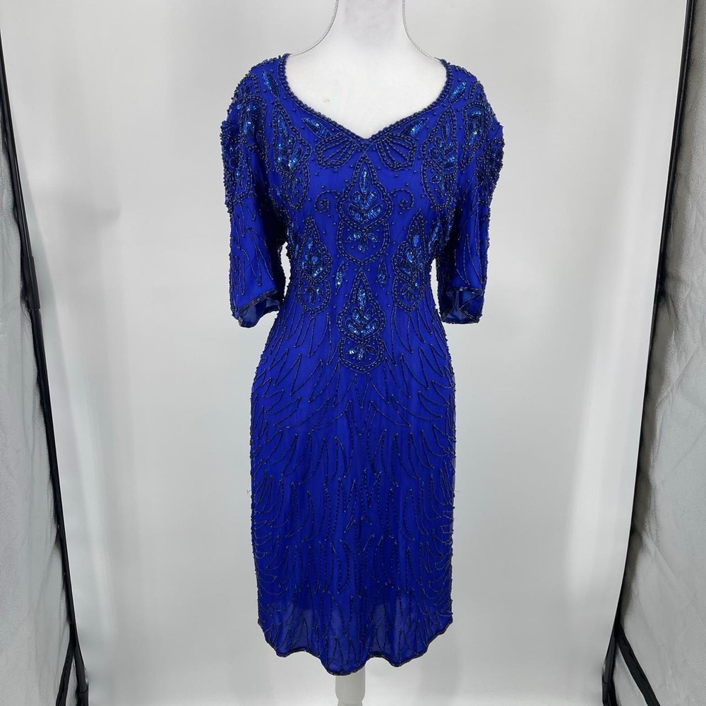 Vintage 80s Beaded Silk Midi Dress XL Art Deco Retro Glam Cocktail Blue Event